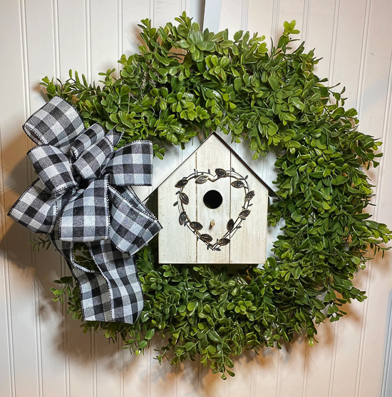 boxwood birdhouse wreath