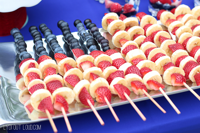 Red, white and blue flag fruit kebabs